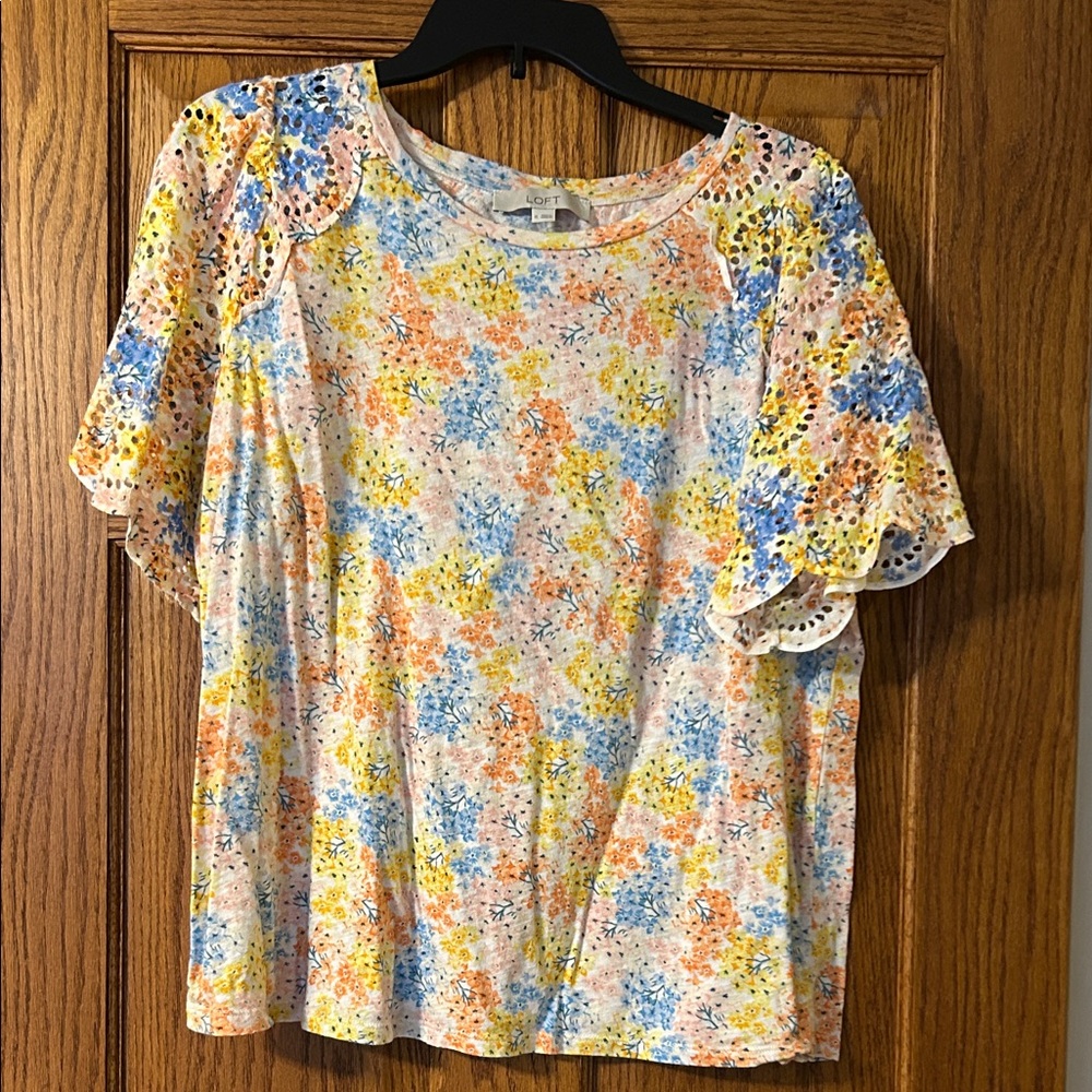 LOFT Multicolor Floral Eyelet Sleeve Blouse